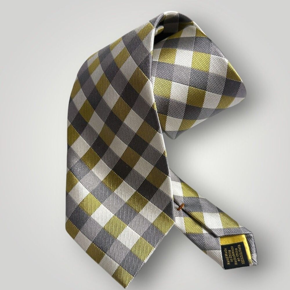 DONALD J. TRUMP Silk Tie Striped/Plaid 100% Silk Necktie Tan/Gray/Cream